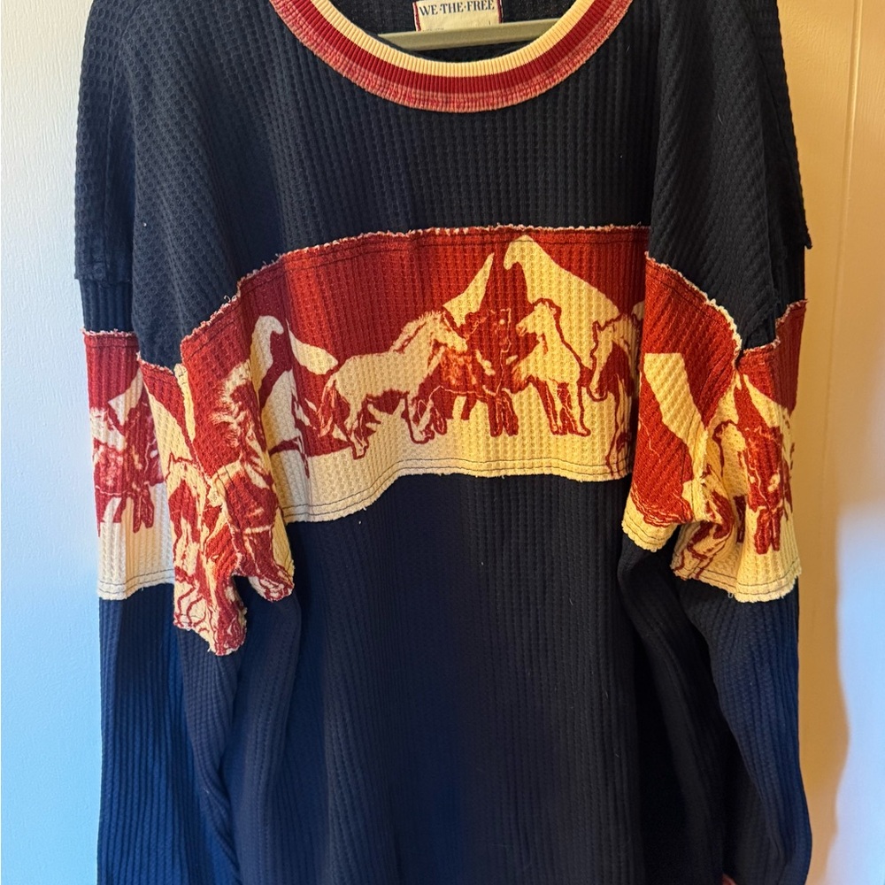 We The Free Navy Waffle Knit Crewneck Sweater with Red and Yellow Western Motif